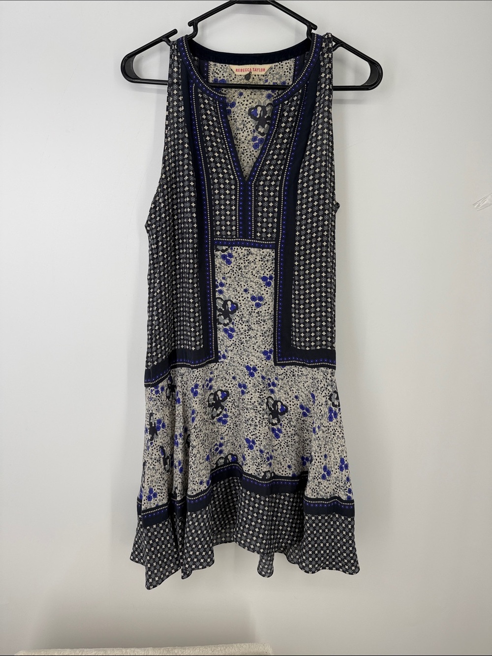 Rebecca Taylor Navy and Cream Floral Print Sleeveless Silk Dress 4